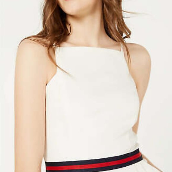 Teeze Me White Dress w Pockets Juniors 7/8 Fit & Flare Gucci style ribbon - Picture 5 of 5